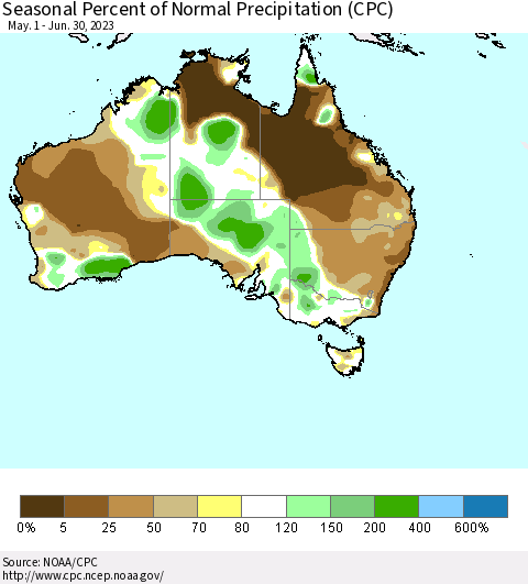 Australia Seasonal Percent of Normal Precipitation (CPC) Thematic Map For 5/1/2023 - 6/30/2023