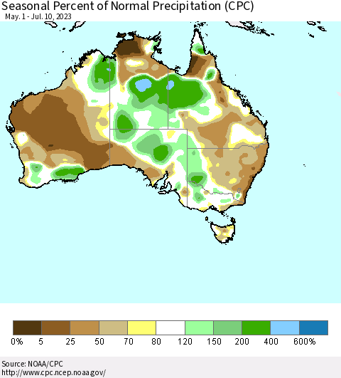Australia Seasonal Percent of Normal Precipitation (CPC) Thematic Map For 5/1/2023 - 7/10/2023