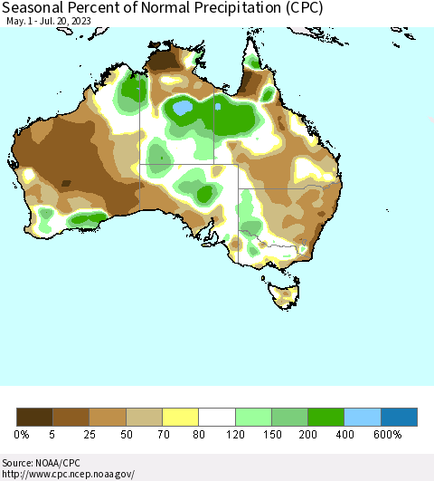 Australia Seasonal Percent of Normal Precipitation (CPC) Thematic Map For 5/1/2023 - 7/20/2023
