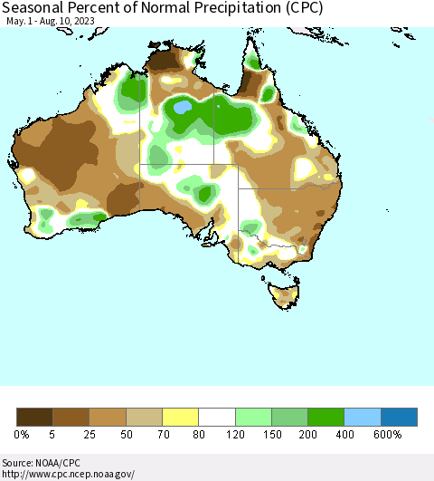 Australia Seasonal Percent of Normal Precipitation (CPC) Thematic Map For 5/1/2023 - 8/10/2023
