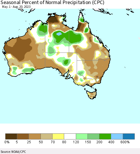 Australia Seasonal Percent of Normal Precipitation (CPC) Thematic Map For 5/1/2023 - 8/20/2023