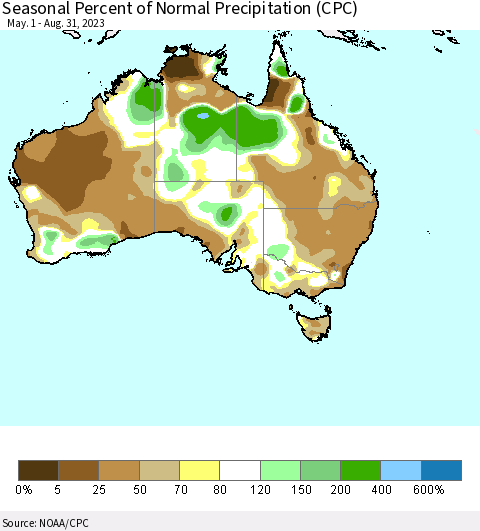 Australia Seasonal Percent of Normal Precipitation (CPC) Thematic Map For 5/1/2023 - 8/31/2023