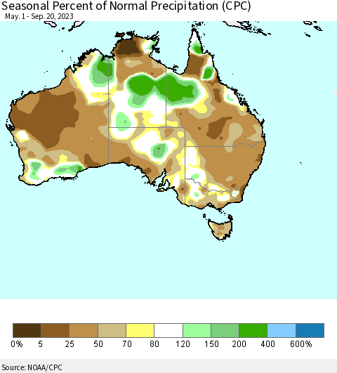 Australia Seasonal Percent of Normal Precipitation (CPC) Thematic Map For 5/1/2023 - 9/20/2023