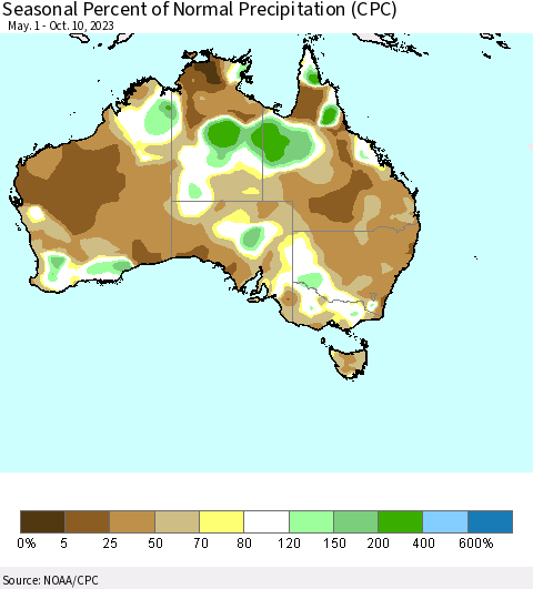 Australia Seasonal Percent of Normal Precipitation (CPC) Thematic Map For 5/1/2023 - 10/10/2023
