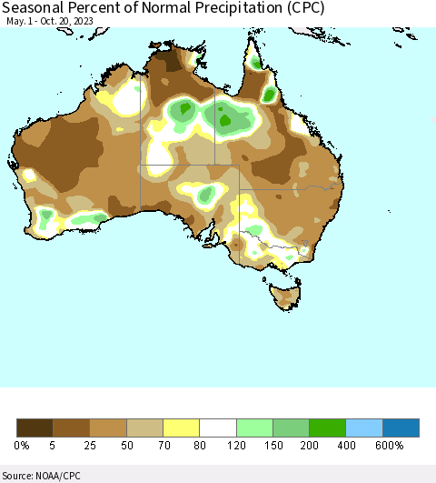 Australia Seasonal Percent of Normal Precipitation (CPC) Thematic Map For 5/1/2023 - 10/20/2023