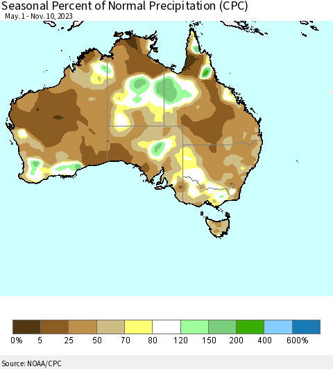 Australia Seasonal Percent of Normal Precipitation (CPC) Thematic Map For 5/1/2023 - 11/10/2023