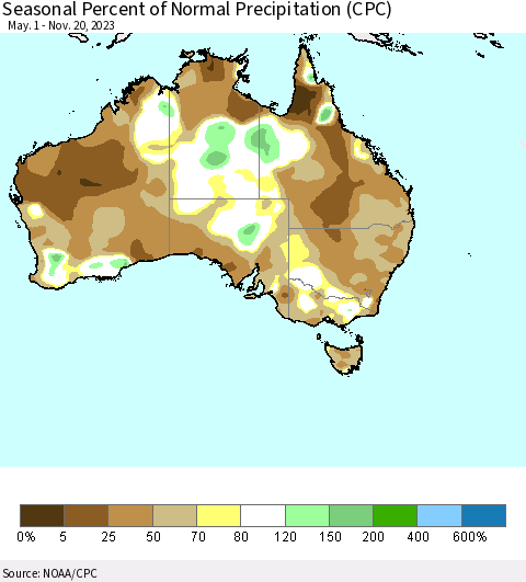 Australia Seasonal Percent of Normal Precipitation (CPC) Thematic Map For 5/1/2023 - 11/20/2023