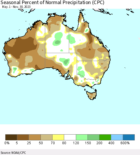 Australia Seasonal Percent of Normal Precipitation (CPC) Thematic Map For 5/1/2023 - 11/30/2023