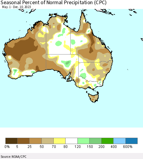 Australia Seasonal Percent of Normal Precipitation (CPC) Thematic Map For 5/1/2023 - 12/10/2023