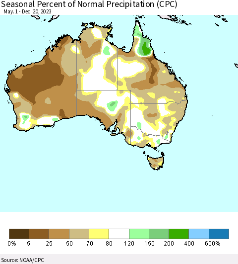 Australia Seasonal Percent of Normal Precipitation (CPC) Thematic Map For 5/1/2023 - 12/20/2023