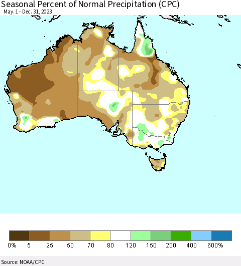 Australia Seasonal Percent of Normal Precipitation (CPC) Thematic Map For 5/1/2023 - 12/31/2023