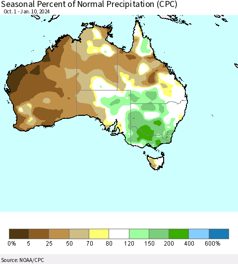 Australia Seasonal Percent of Normal Precipitation (CPC) Thematic Map For 10/1/2023 - 1/10/2024
