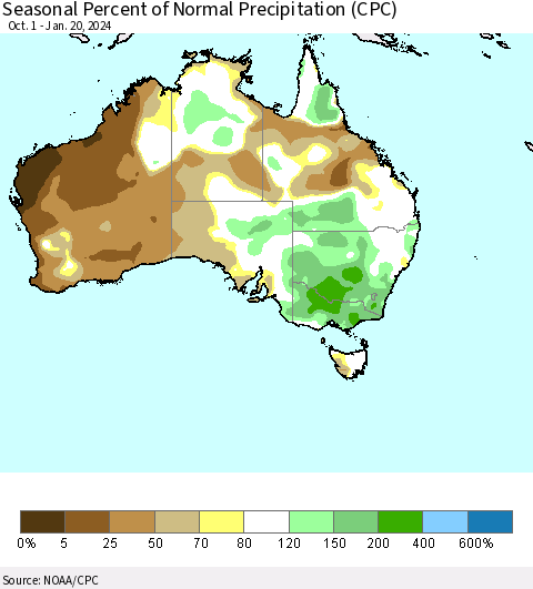 Australia Seasonal Percent of Normal Precipitation (CPC) Thematic Map For 10/1/2023 - 1/20/2024