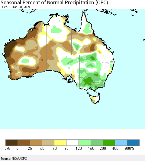 Australia Seasonal Percent of Normal Precipitation (CPC) Thematic Map For 10/1/2023 - 1/31/2024