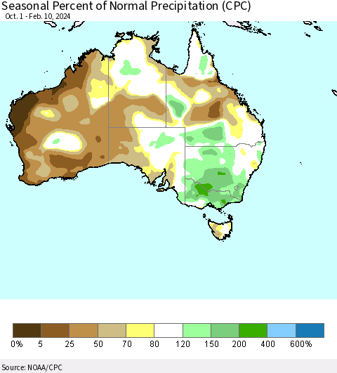 Australia Seasonal Percent of Normal Precipitation (CPC) Thematic Map For 10/1/2023 - 2/10/2024