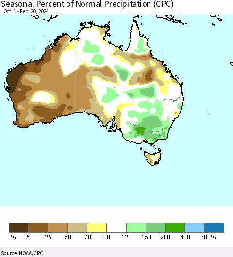 Australia Seasonal Percent of Normal Precipitation (CPC) Thematic Map For 10/1/2023 - 2/20/2024