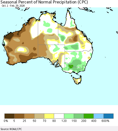 Australia Seasonal Percent of Normal Precipitation (CPC) Thematic Map For 10/1/2023 - 2/29/2024