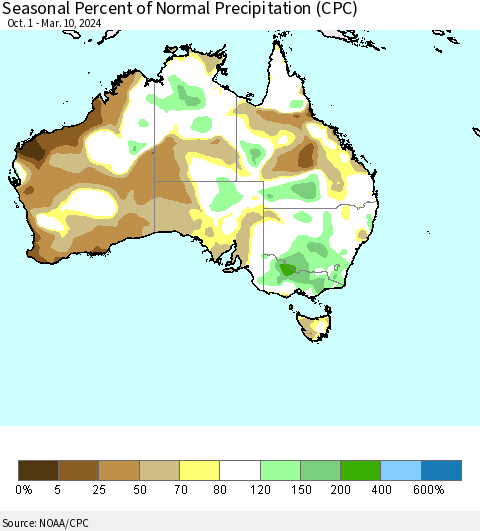 Australia Seasonal Percent of Normal Precipitation (CPC) Thematic Map For 10/1/2023 - 3/10/2024