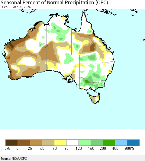 Australia Seasonal Percent of Normal Precipitation (CPC) Thematic Map For 10/1/2023 - 3/20/2024