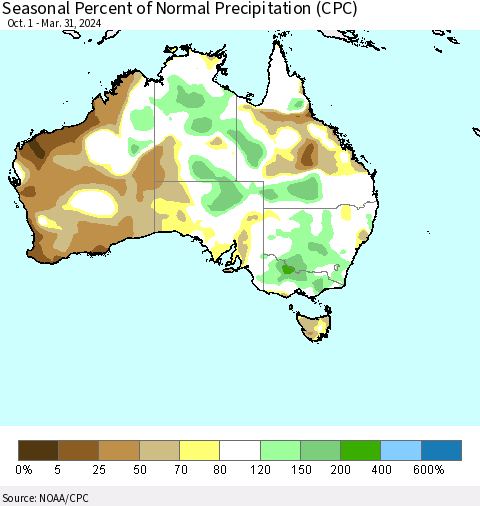 Australia Seasonal Percent of Normal Precipitation (CPC) Thematic Map For 10/1/2023 - 3/31/2024