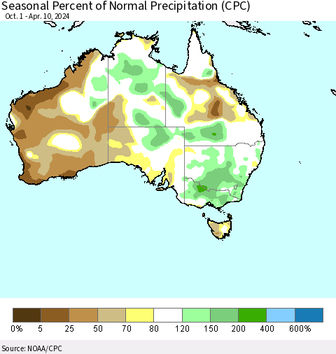 Australia Seasonal Percent of Normal Precipitation (CPC) Thematic Map For 10/1/2023 - 4/10/2024