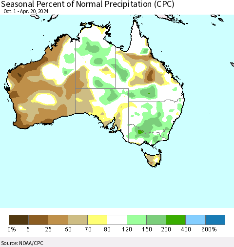 Australia Seasonal Percent of Normal Precipitation (CPC) Thematic Map For 10/1/2023 - 4/20/2024