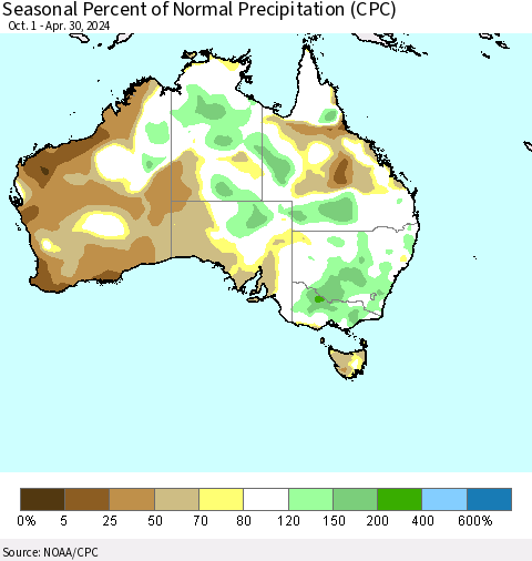 Australia Seasonal Percent of Normal Precipitation (CPC) Thematic Map For 10/1/2023 - 4/30/2024