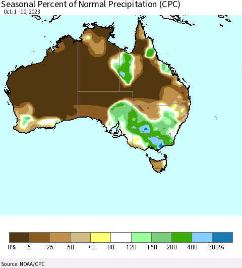 Australia Seasonal Percent of Normal Precipitation (CPC) Thematic Map For 10/1/2023 - 10/10/2023