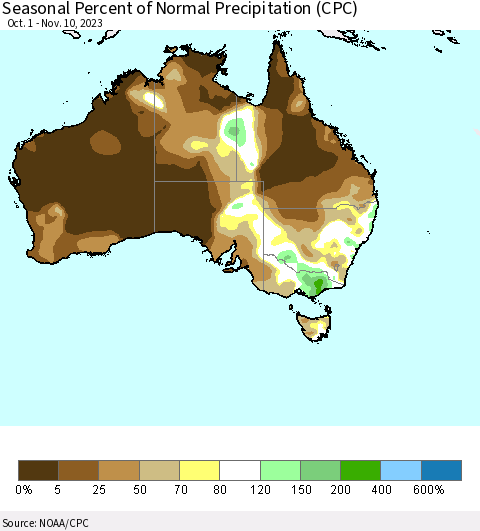 Australia Seasonal Percent of Normal Precipitation (CPC) Thematic Map For 10/1/2023 - 11/10/2023