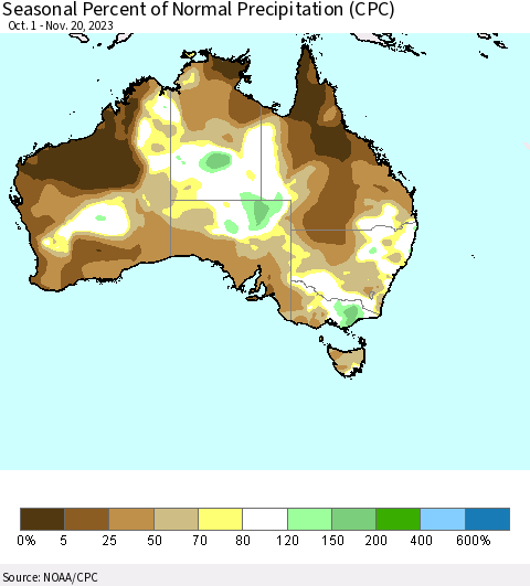 Australia Seasonal Percent of Normal Precipitation (CPC) Thematic Map For 10/1/2023 - 11/20/2023