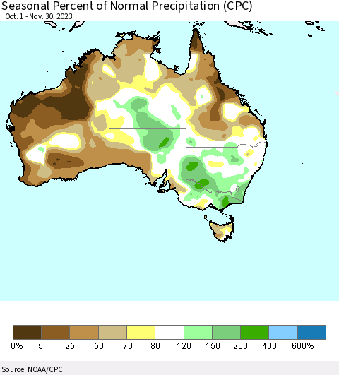 Australia Seasonal Percent of Normal Precipitation (CPC) Thematic Map For 10/1/2023 - 11/30/2023