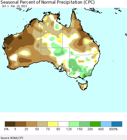 Australia Seasonal Percent of Normal Precipitation (CPC) Thematic Map For 10/1/2023 - 12/10/2023