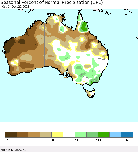 Australia Seasonal Percent of Normal Precipitation (CPC) Thematic Map For 10/1/2023 - 12/20/2023