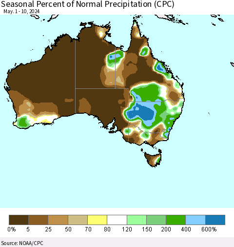 Australia Seasonal Percent of Normal Precipitation (CPC) Thematic Map For 5/1/2024 - 5/10/2024