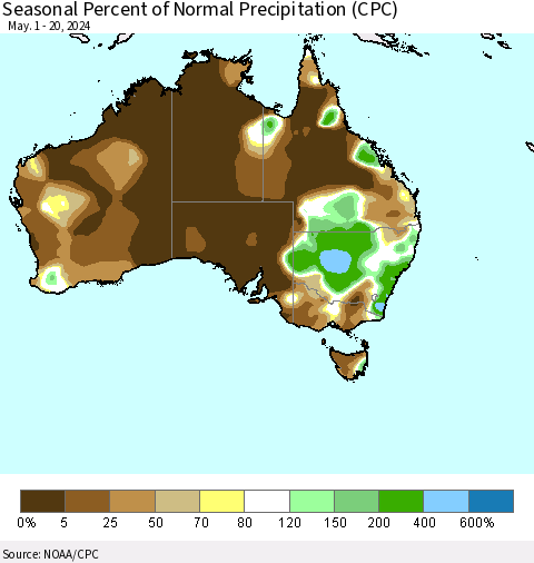 Australia Seasonal Percent of Normal Precipitation (CPC) Thematic Map For 5/1/2024 - 5/20/2024