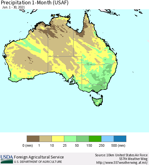 Australia Precipitation 1-Month (USAF) Thematic Map For 6/1/2021 - 6/30/2021