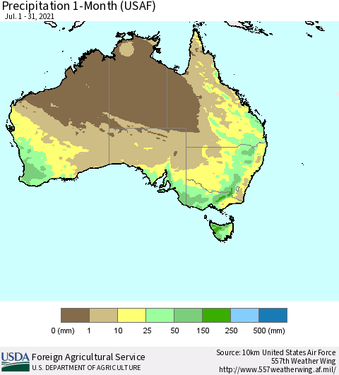 Australia Precipitation 1-Month (USAF) Thematic Map For 7/1/2021 - 7/31/2021