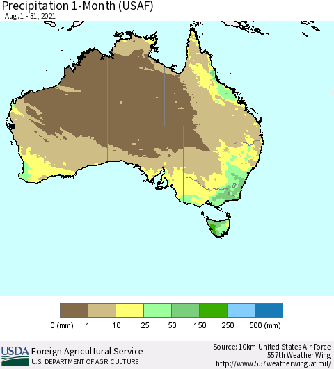 Australia Precipitation 1-Month (USAF) Thematic Map For 8/1/2021 - 8/31/2021
