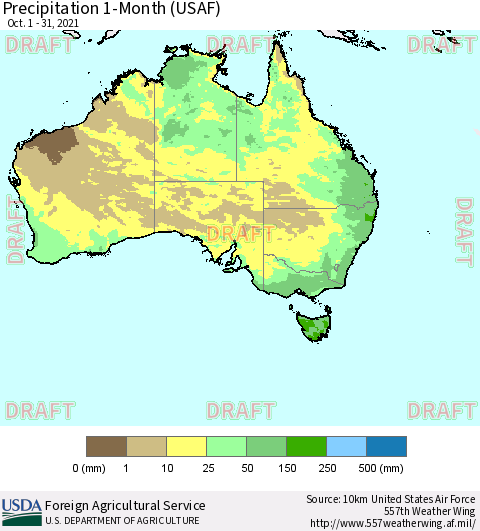 Australia Precipitation 1-Month (USAF) Thematic Map For 10/1/2021 - 10/31/2021