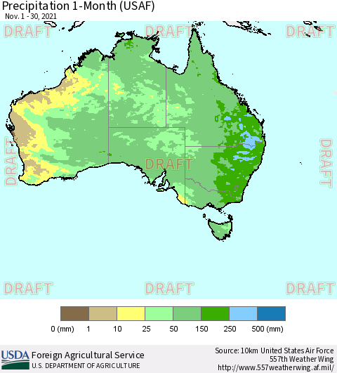 Australia Precipitation 1-Month (USAF) Thematic Map For 11/1/2021 - 11/30/2021