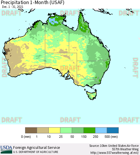 Australia Precipitation 1-Month (USAF) Thematic Map For 12/1/2021 - 12/31/2021