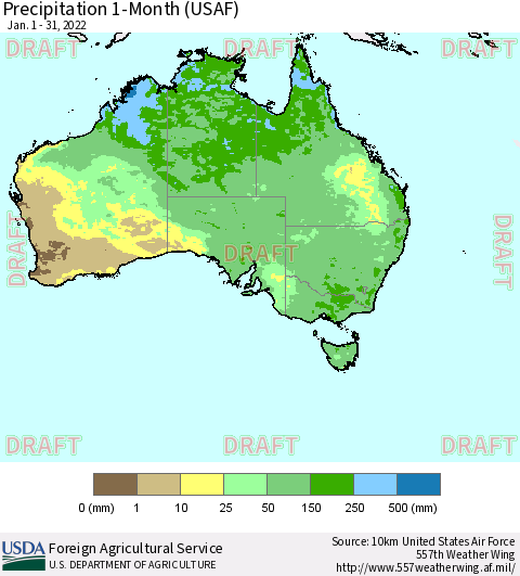 Australia Precipitation 1-Month (USAF) Thematic Map For 1/1/2022 - 1/31/2022