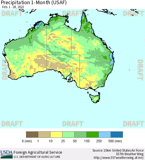 Australia Precipitation 1-Month (USAF) Thematic Map For 2/1/2022 - 2/28/2022