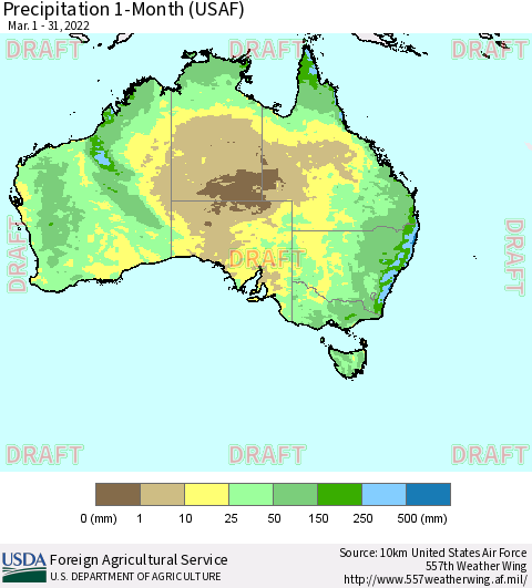 Australia Precipitation 1-Month (USAF) Thematic Map For 3/1/2022 - 3/31/2022