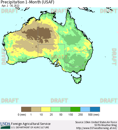 Australia Precipitation 1-Month (USAF) Thematic Map For 4/1/2022 - 4/30/2022