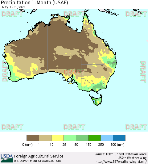 Australia Precipitation 1-Month (USAF) Thematic Map For 5/1/2023 - 5/31/2023