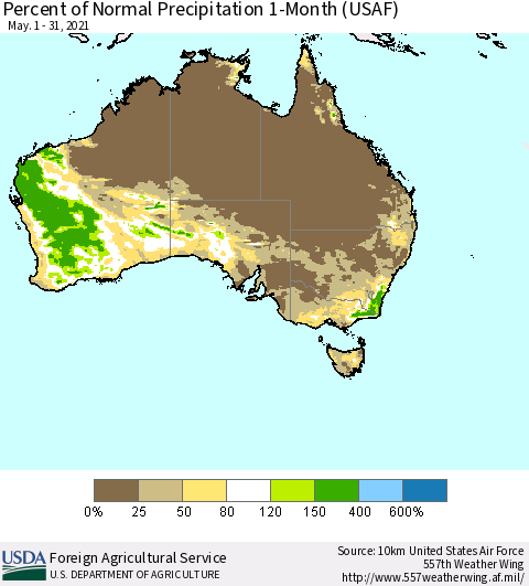 Australia Percent of Normal Precipitation 1-Month (USAF) Thematic Map For 5/1/2021 - 5/31/2021