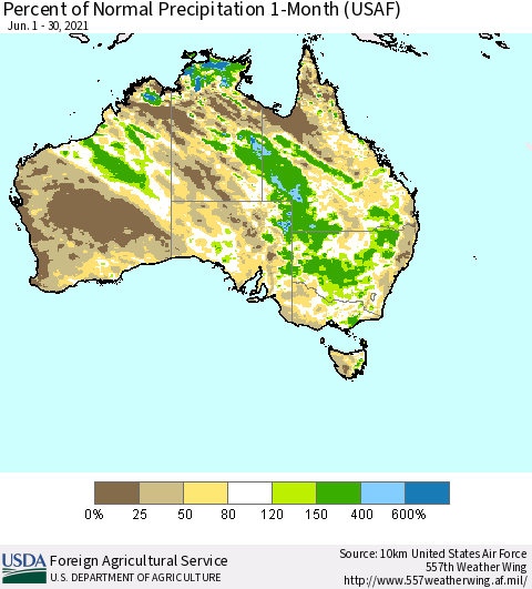 Australia Percent of Normal Precipitation 1-Month (USAF) Thematic Map For 6/1/2021 - 6/30/2021