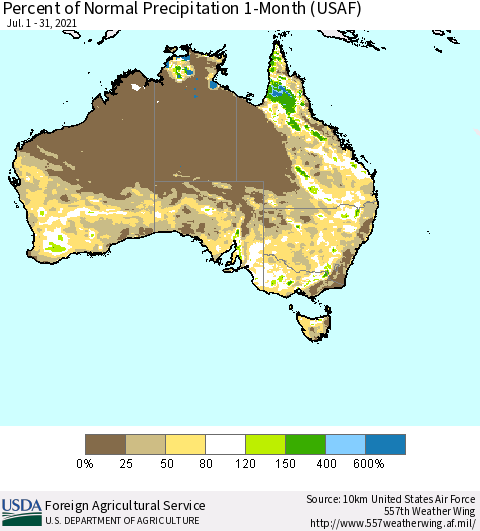 Australia Percent of Normal Precipitation 1-Month (USAF) Thematic Map For 7/1/2021 - 7/31/2021