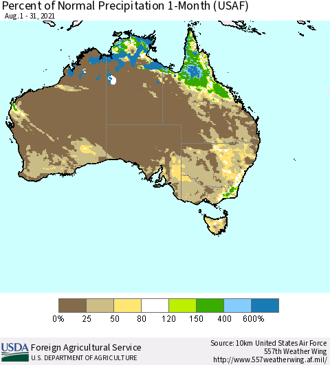 Australia Percent of Normal Precipitation 1-Month (USAF) Thematic Map For 8/1/2021 - 8/31/2021